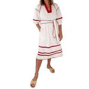 NEW ROSE AND ROSE fulham balloon sleeve midi dress in white/red